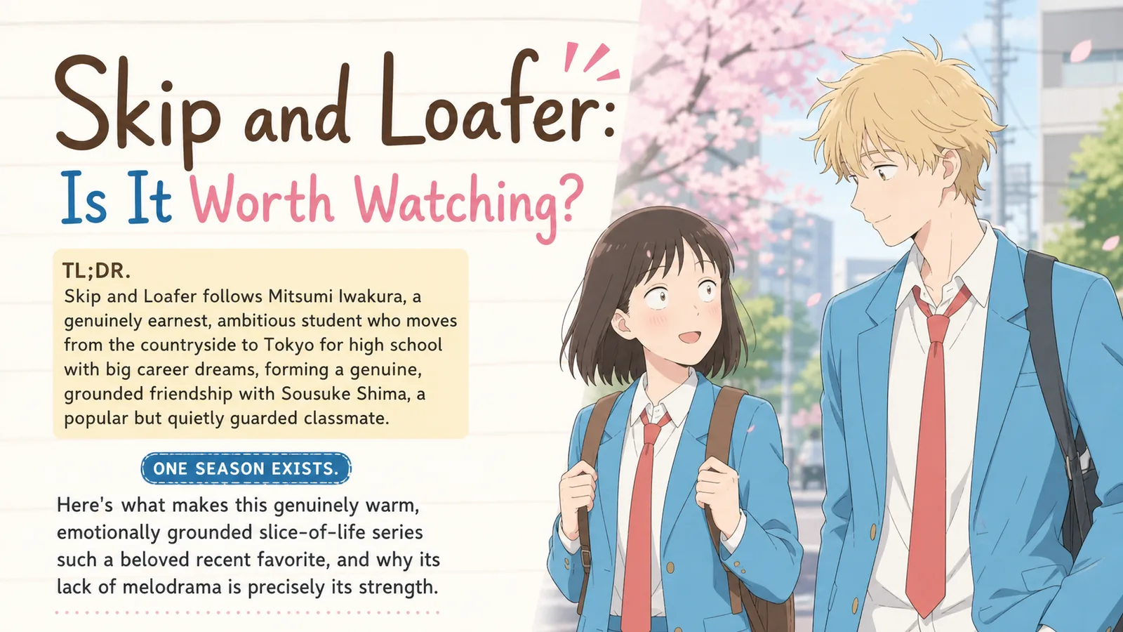 Skip and Loafer cover art of Mitsumi Iwakura and Sousuke Shima walking together beneath cherry blossoms, titled Is It Worth Watching.
