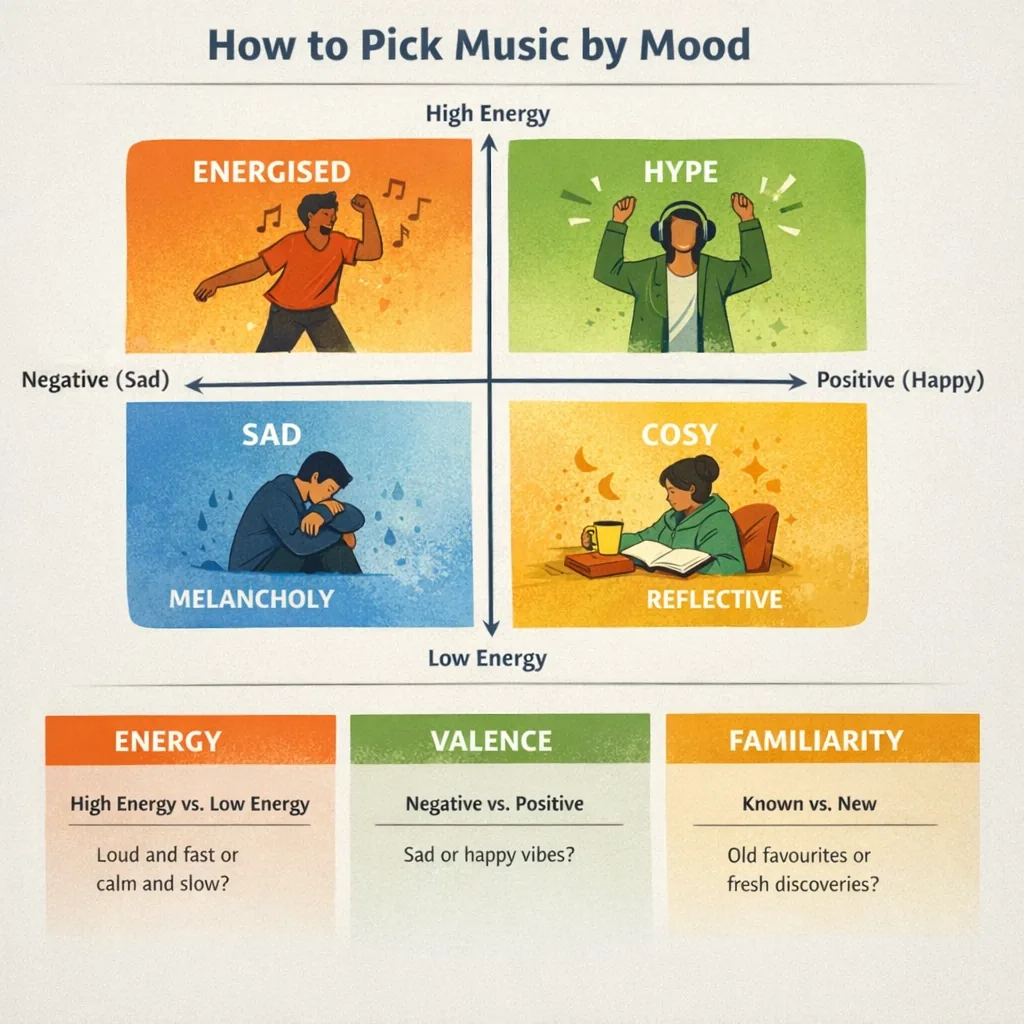 An infographic titled How to Pick Music by Mood displaying four quadrants: Energised, Hype, Sad/Melancholy, and Cosy/Reflective mapped across Energy and Valence axes.