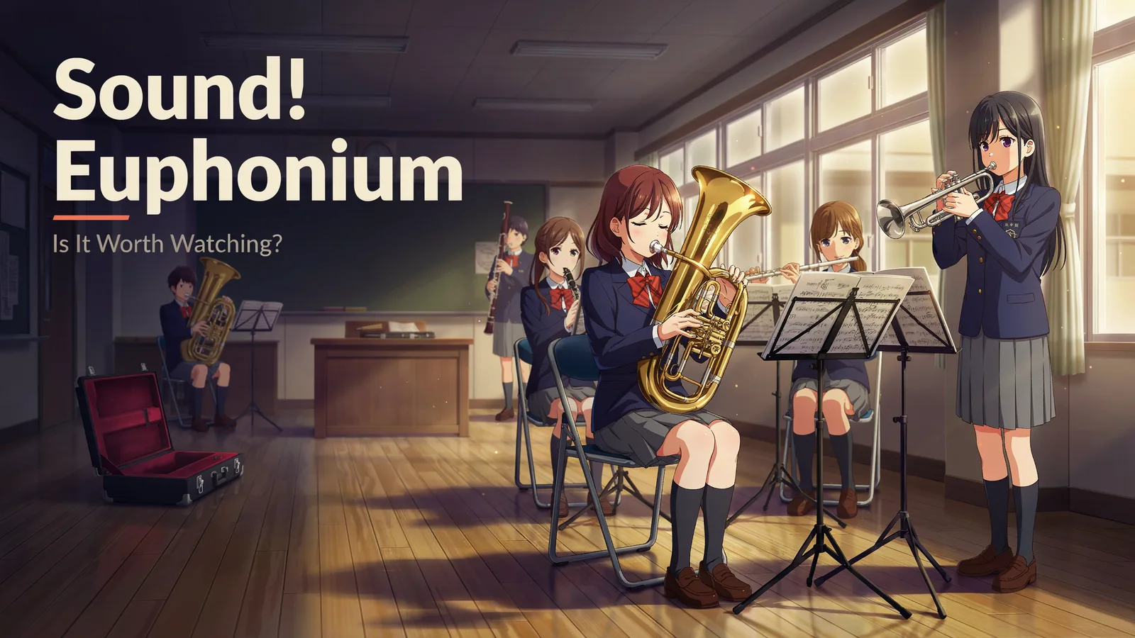Sound! Euphonium cover art of Kumiko Oumae holding her euphonium before the concert band, titled Is It Worth Watching.