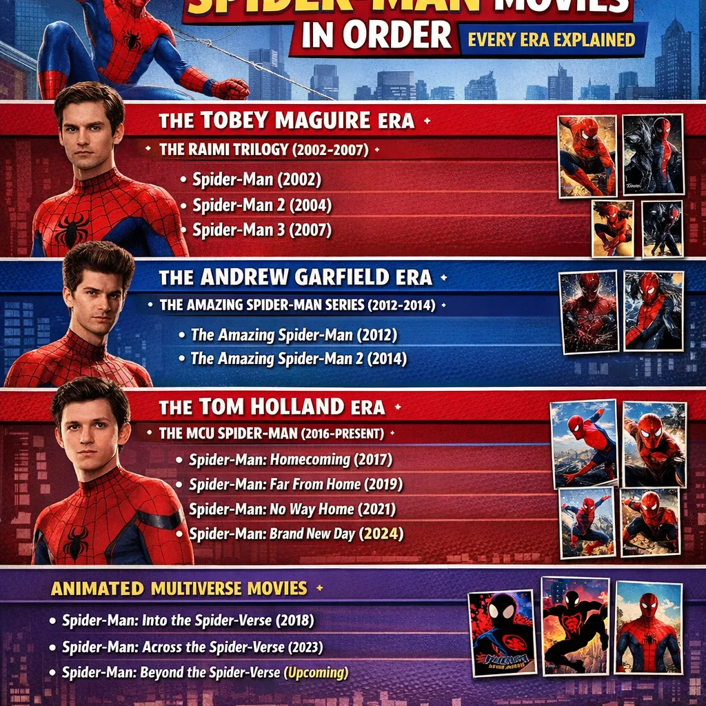 Spider-Man Movies in Order infographic listing the Tobey Maguire, Andrew Garfield and Tom Holland eras with release years, plus the animated multiverse films.