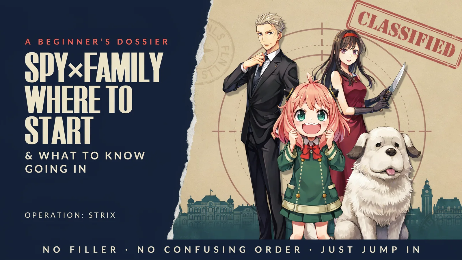 Spy x Family: Where to Start, A Beginner's Dossier hero graphic labeled Operation: Strix, showing Loid, Anya, Yor, and Bond the dog with a CLASSIFIED stamp, tagline: no filler, no confusing order, just jump in.