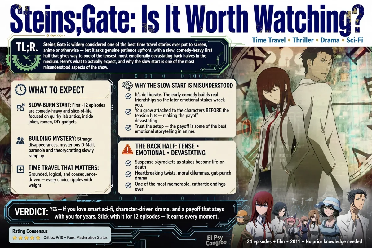 Steins;Gate: Is It Worth Watching? infographic covering the slow start, the tense back half, and the show's rating consensus.