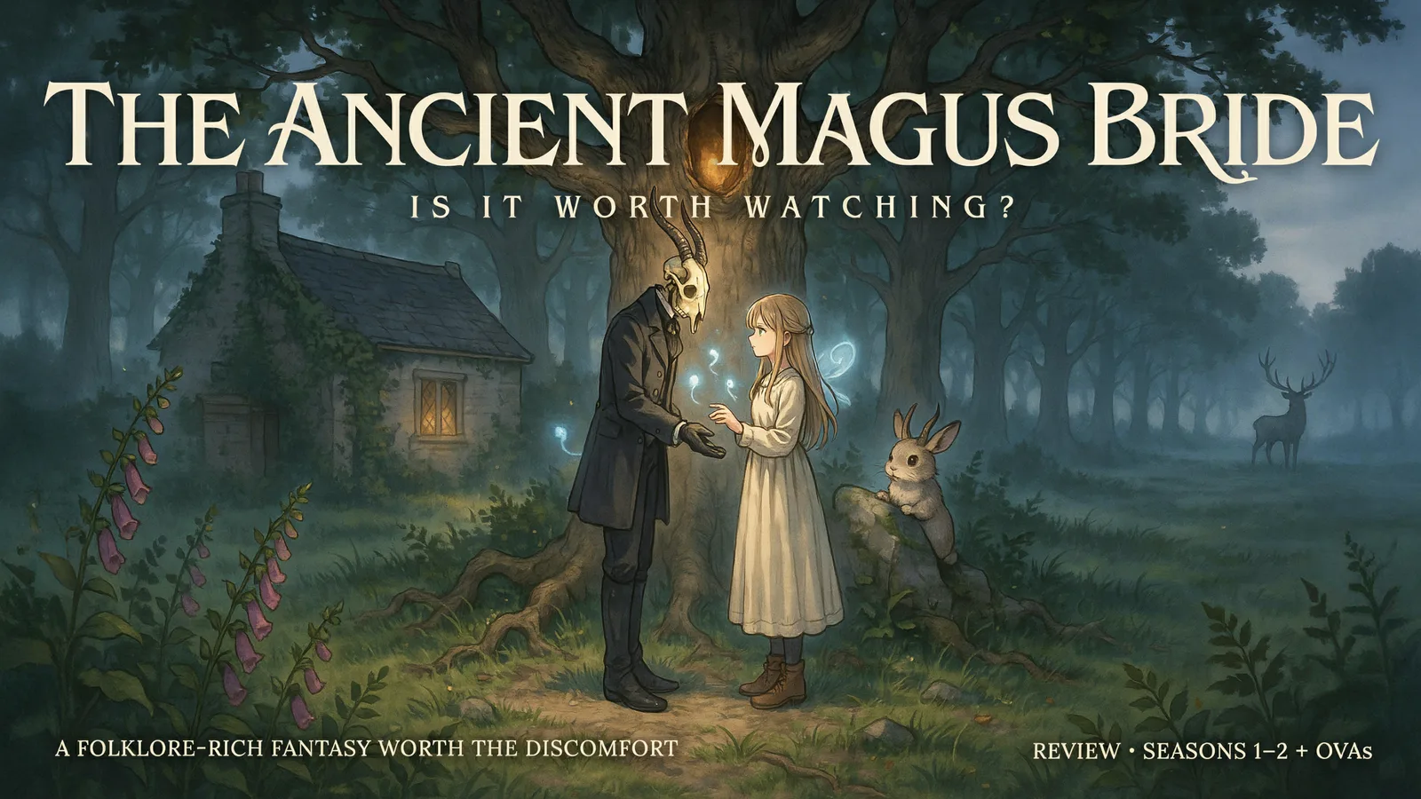 The Ancient Magus' Bride cover art of Elias Ainsworth and Chise Hatori standing together beneath a great tree, titled Is It Worth Watching.