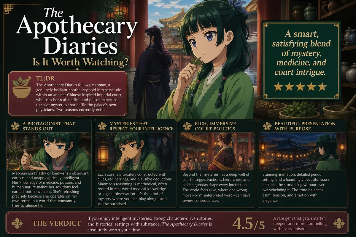 The Apothecary Diaries infographic featuring Maomao examining herbs in an imperial palace courtyard, titled Is It Worth Watching.