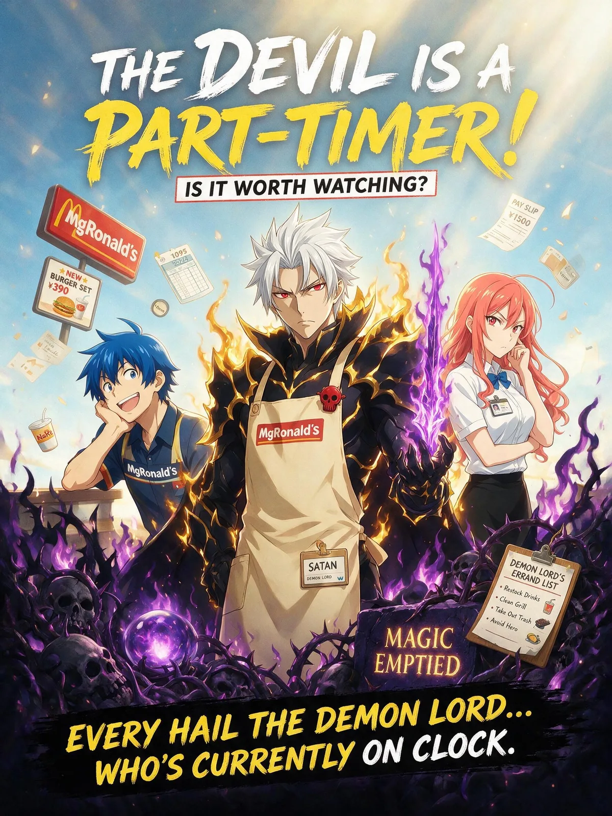 The Devil Is a Part-Timer! cover art of Satan in a MgRonald's apron beside Chiho and Emi, titled Is It Worth Watching, every hail the Demon Lord who's currently on clock.