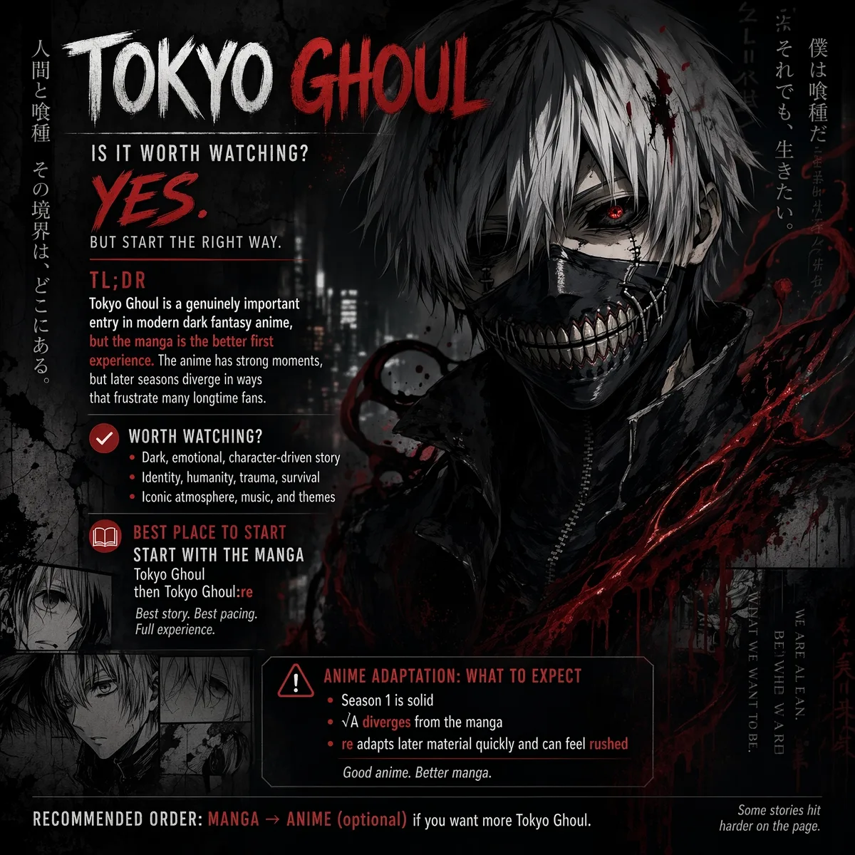 Tokyo Ghoul key art showing Ken Kaneki in his masked ghoul form with a red kagune tendril, against a bloodied Tokyo cityscape at night.