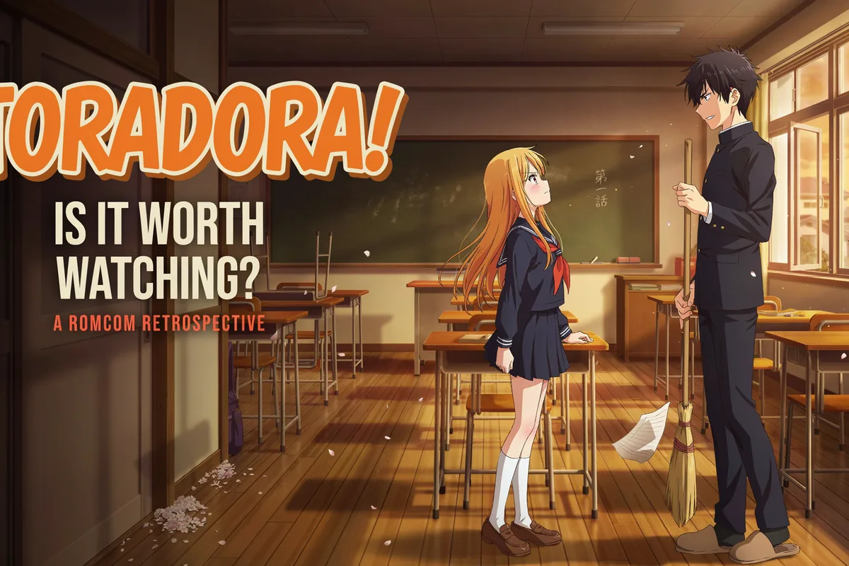 Toradora! cover art of Taiga and Ryuji facing each other in an empty classroom with falling sakura petals, titled Is It Worth Watching, A Romcom Retrospective.