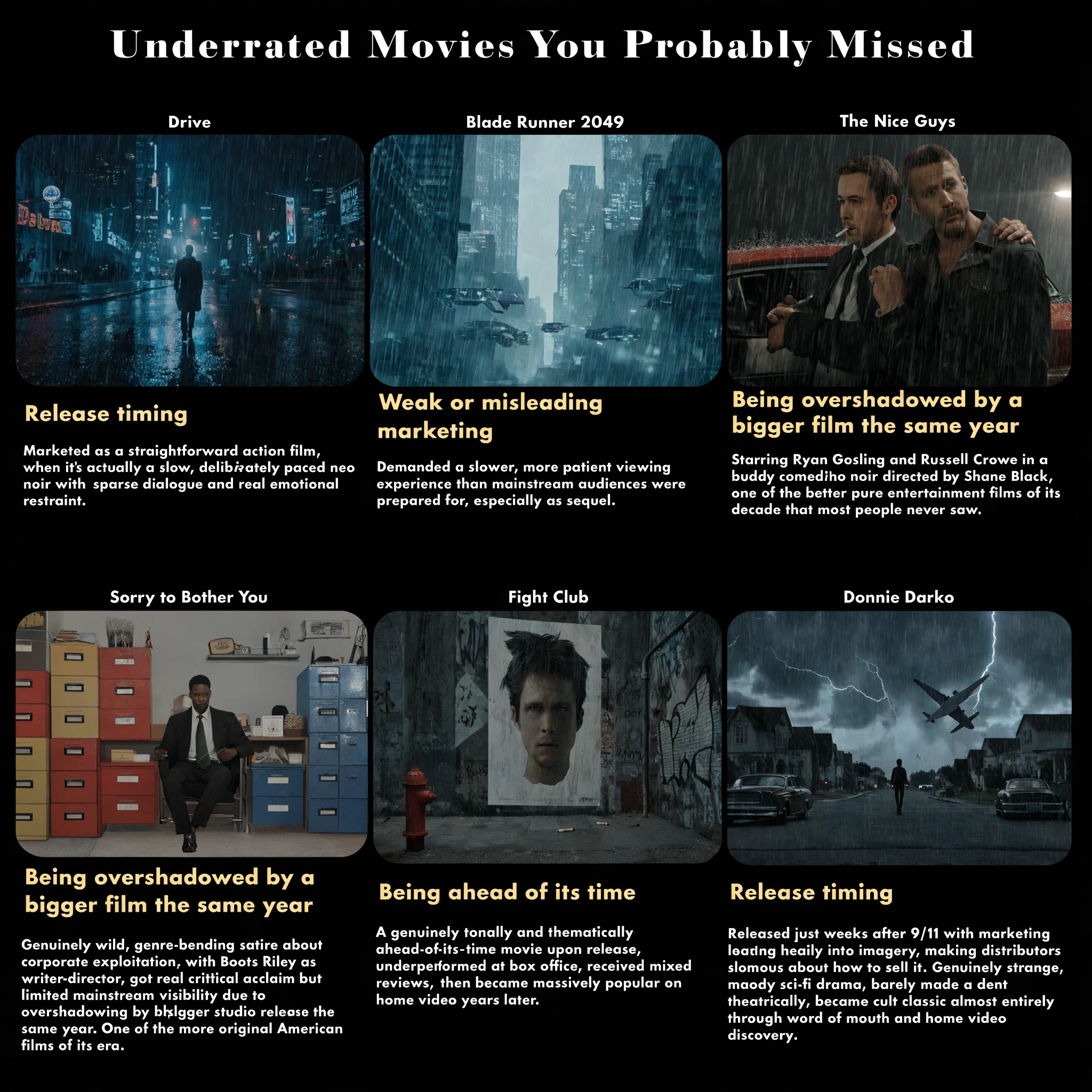 Underrated Movies You Probably Missed infographic showing a film projector casting light on title cards for Coherence, Wind River, The Nice Guys, Sing Street, and Upgrade.