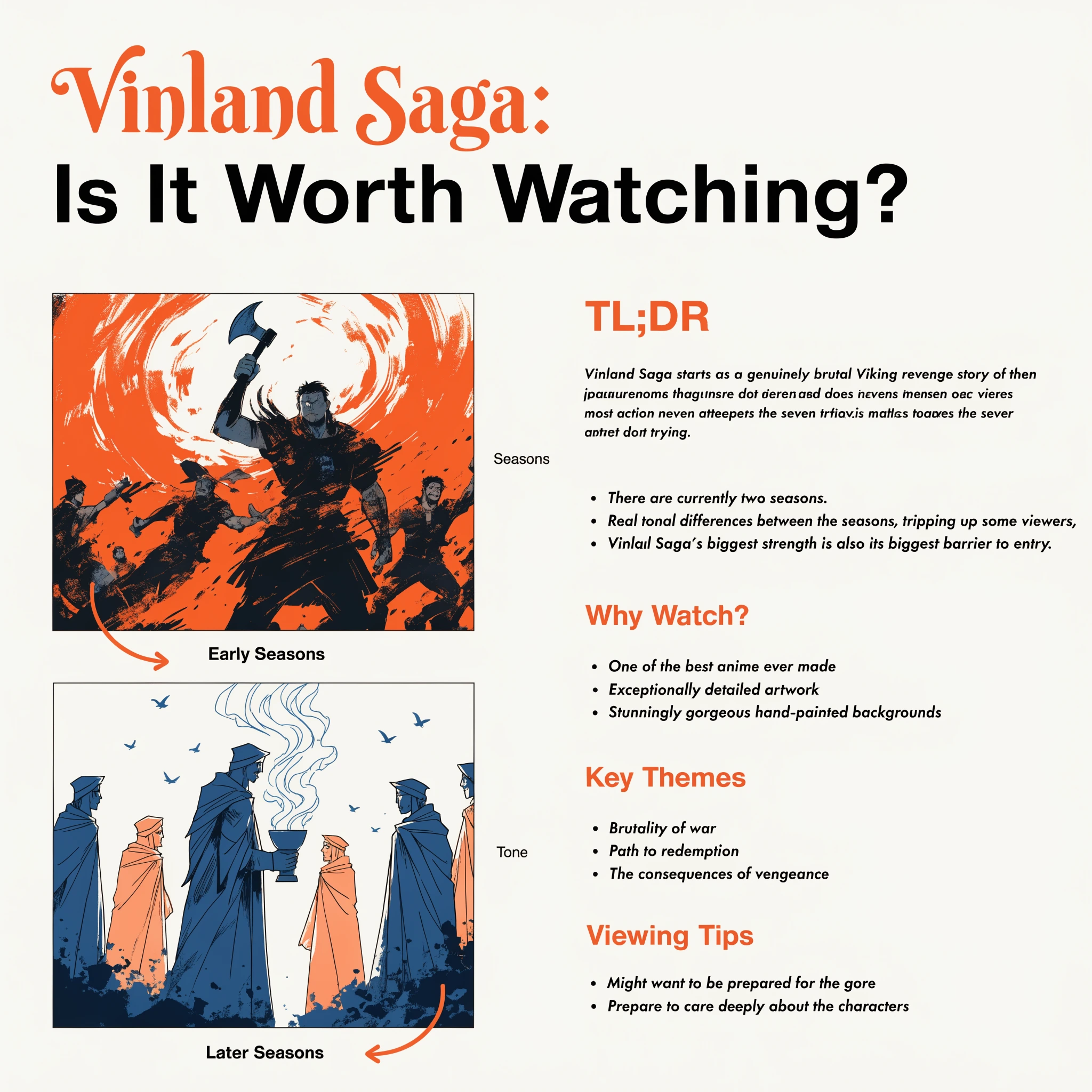 Vinland Saga: Is It Worth Watching guide visual showing young Thorfinn wielding twin daggers alongside adult Thorfinn standing in golden wheat fields.