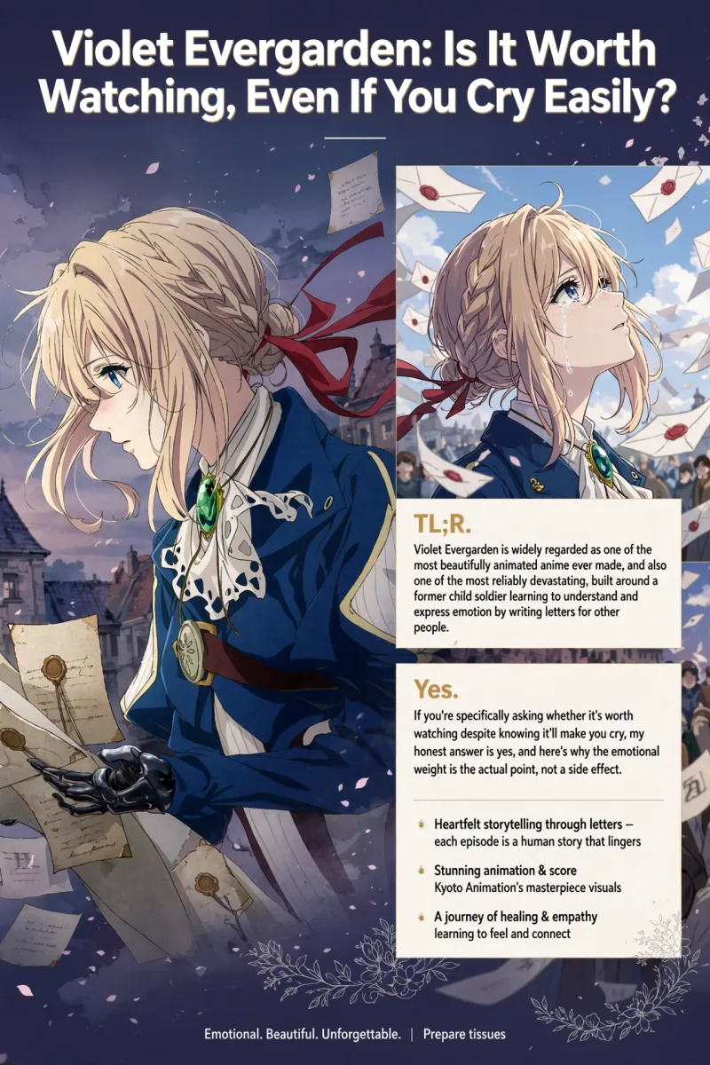 Violet Evergarden: Is It Worth Watching, Even If You Cry Easily? infographic covering the premise, animation quality, and verdict.