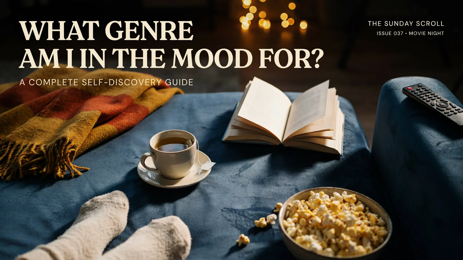 A cozy reading nook with tea, popcorn, and an open book beside a remote, titled What Genre Am I in the Mood For, a Complete Self-Discovery Guide.