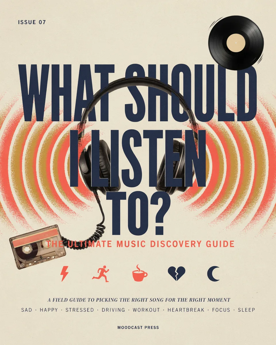 A pair of headphones over bold lettering reading What Should I Listen To, The Ultimate Music Discovery Guide, beside a cassette tape and vinyl record.