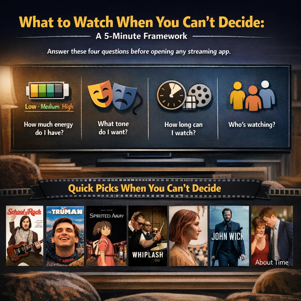 An infographic titled What to Watch When You Can't Decide: A 5-Minute Framework. It shows four questions to answer before opening a streaming app: How much energy do I have?, What tone do I want?, How long can I watch? and Who's watching? Below is a filmstrip of quick picks including School of Rock, The Truman Show, Spirited Away, Whiplash, John Wick and About Time.