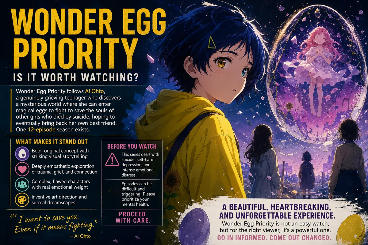 Wonder Egg Priority cover art of Ai Ohto looking up at a girl suspended inside a glowing crystal egg, titled Is It Worth Watching, proceed with care.