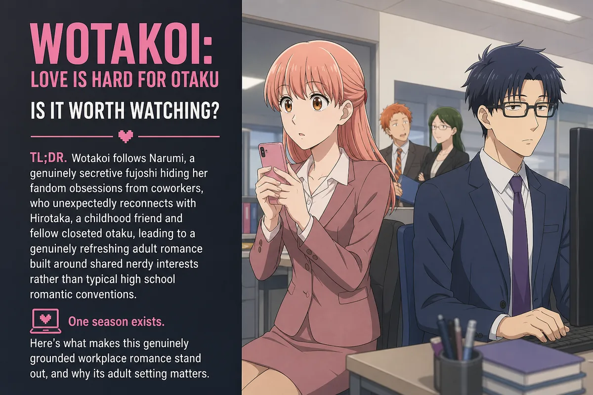 Wotakoi cover art of Narumi checking her phone at her office desk while coworkers look on, titled Is It Worth Watching.