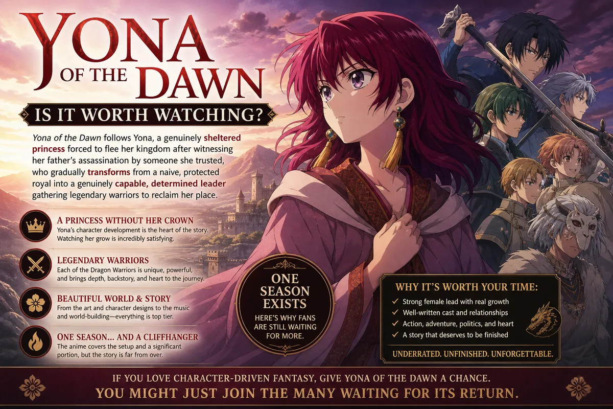 Yona of the Dawn cover art of Princess Yona standing before her castle beside the assembled Dragon Warriors, titled Is It Worth Watching, one season exists.